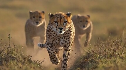 A trio of cheetahs sprinting across a grassy landscape.