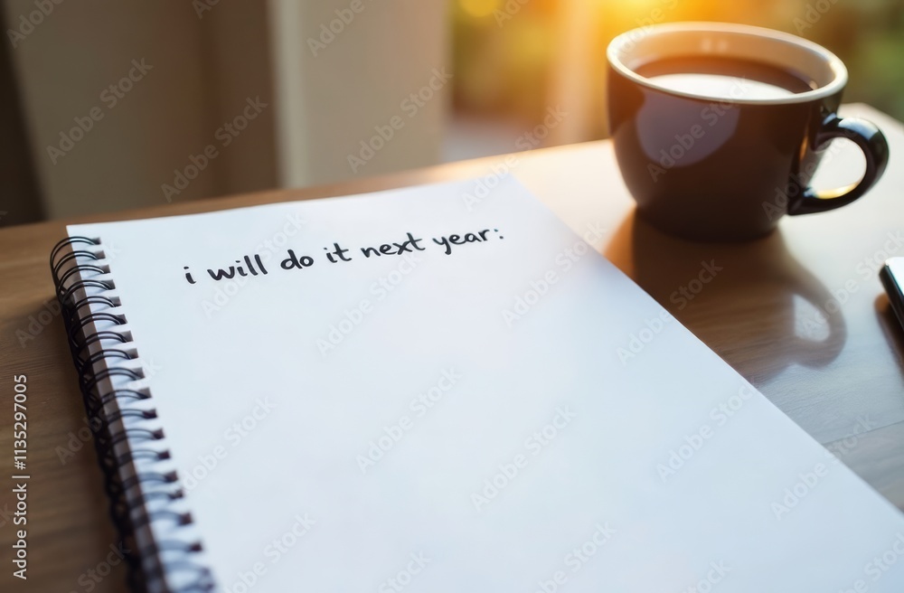 Aufkleber a notebook with the phrase i will do it next year written on a blank page sits beside a steaming cup