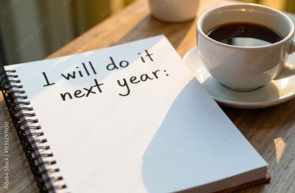 Aufkleber a cup of coffee sits beside an open notebook displaying a motivational note about future plans and a