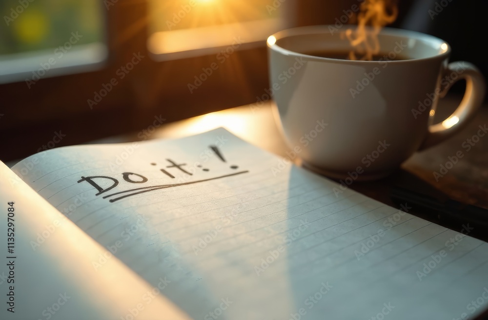 Aufkleber a warm cup of coffee sits beside an open notebook featuring the phrase do it! in bold handwriting. s