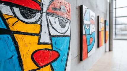 Abstract colorful faces art paintings on wall.