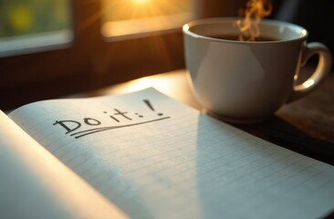 A warm cup of coffee sits beside an open notebook featuring the phrase Do it! in bold handwriting. Soft sunlight illuminates the scene, creating a cozy and inviting atmosphere for productivity.