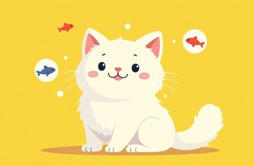Fototapeta premium A white fluffy cat sits happily against a bright yellow backdrop. Colorful fish bubbles float around, showcasing the cat's playful curiosity. The expression conveys a blend of innocence and mischief.