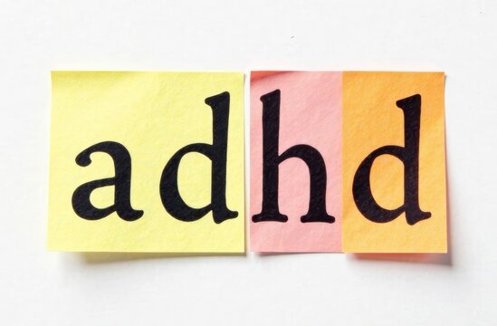 Colorful sticky notes feature the letters ADHD in bold black font. The notes symbolize awareness and understanding of attention deficit hyperactivity disorder in a creative and impactful way.