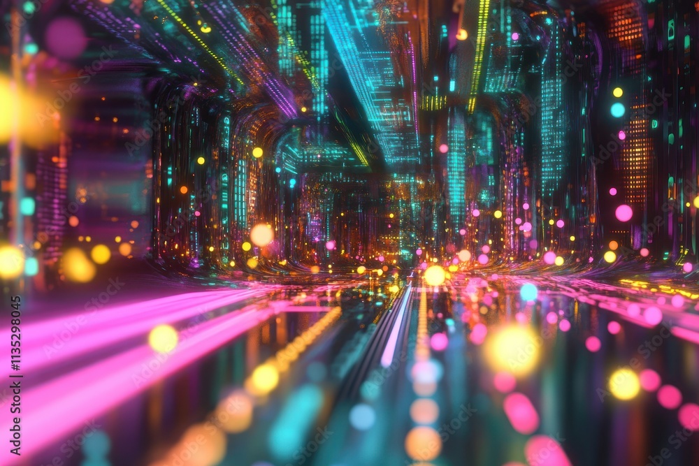 Aufkleber abstract futuristic scene with glowing neon lights and colorful particles in a digital tunnel creati