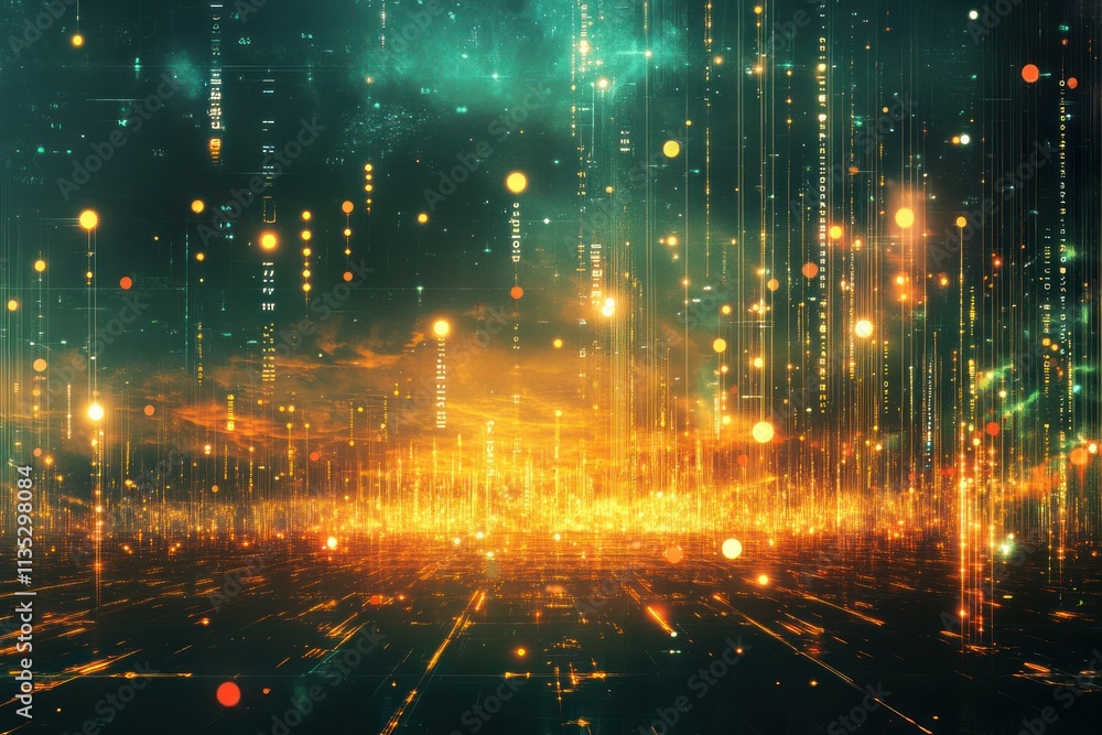 Aufkleber abstract futuristic landscape with glowing particles and light beams representing digital technology
