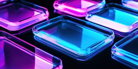 Abstract neon glass rectangles reflecting light on dark background.