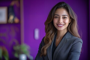 Confident and approachable businesswoman in a professional headshot with a purple background and subtle natural elements. Suitable for corporate and leadership themes.