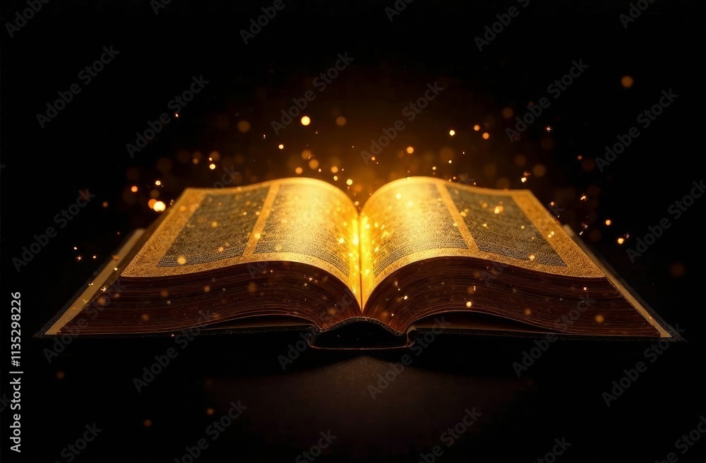Poster an open book emits a warm golden light from its pages while floating particles create a magical atmo
