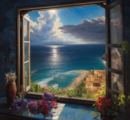 Painting style of Sicilian coast through a window with flora and old world feel.