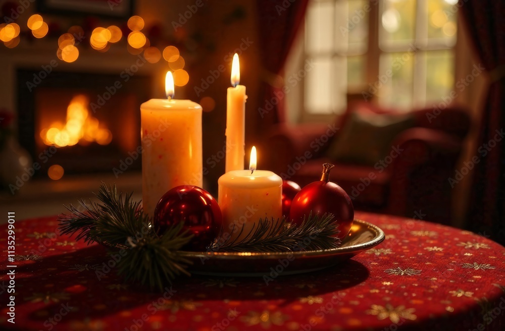 Poster soft candlelight illuminates a festive table adorned with red ornaments and greenery, creating a war