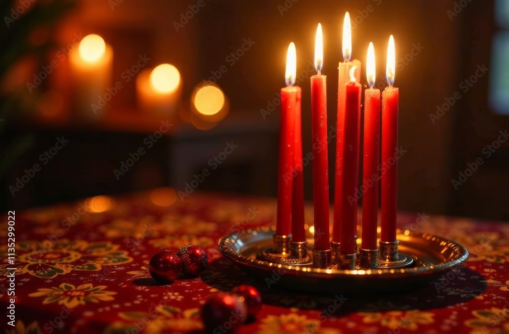 Poster a set of red candles flickers gently on a decorative table adorned with vibrant patterns. soft light