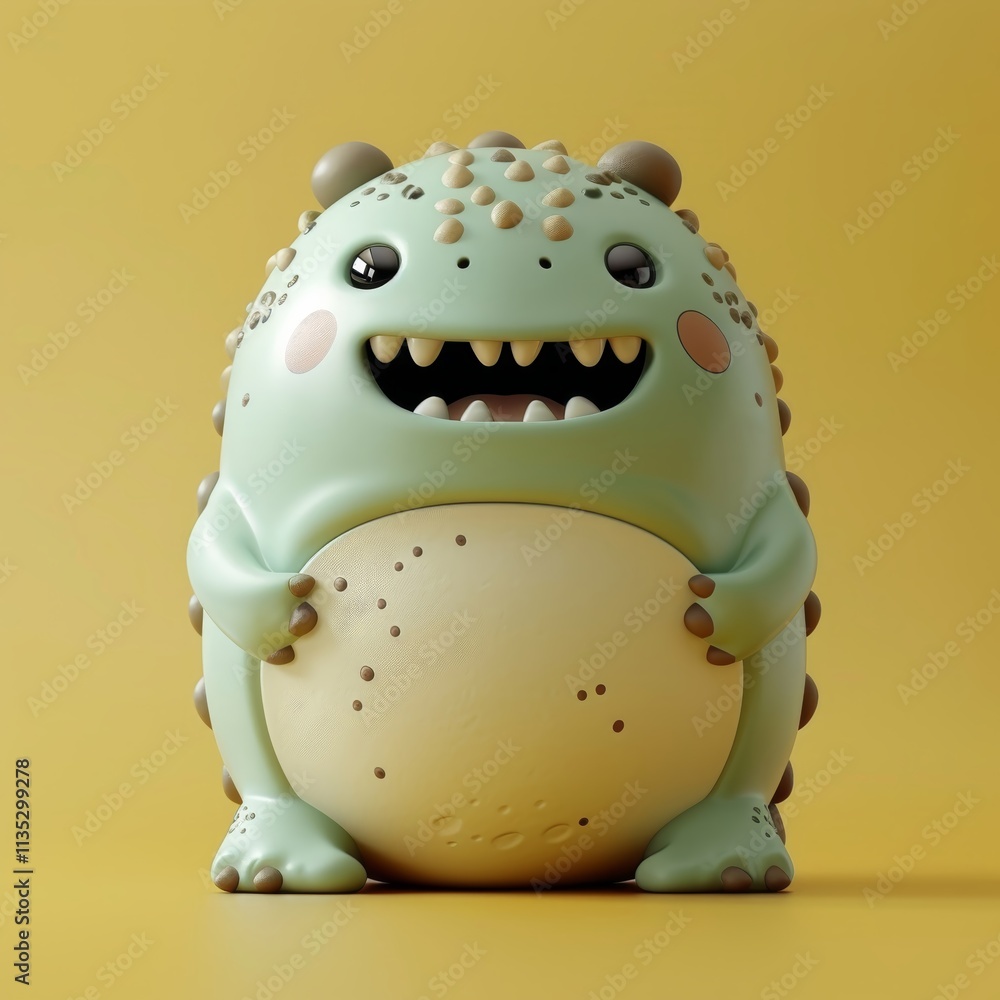 Poster a cheerful green monster toy with prominent features, sitting upright and smiling widely. the charac