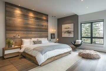 Modern Bedroom Interior with Rustic Wood Wall, Elegant Bedding, Cozy Décor, Large Windows, and Natural Light in Tranquil Atmosphere