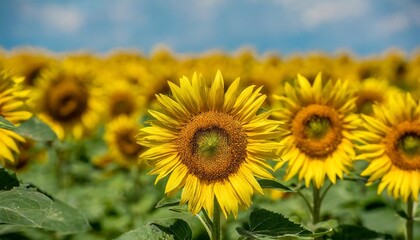 Fototapeta premium Golden Fields of Sunflowers Stretching Into the Horizon Under Vibrant Summer Sky