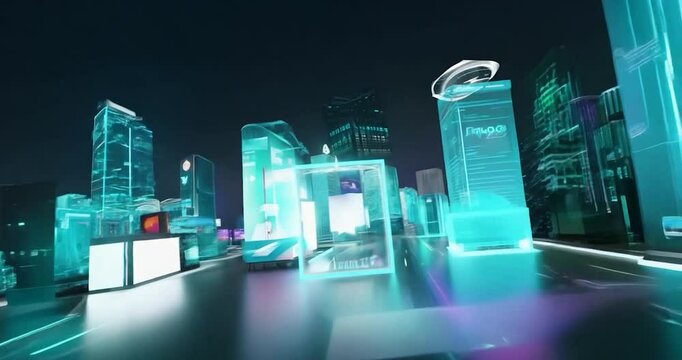 neon-lit urban landscape, holding a glowing virtual shopping bag as digital advertisements and billboards for products flash around them roun