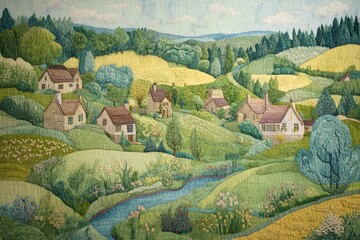 Embroidered rural scene; houses, rolling hills, stream.