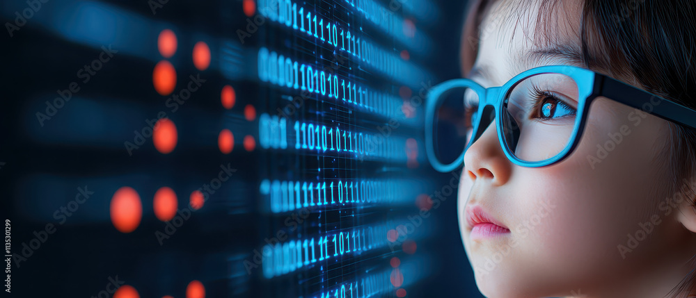 Poster focused child with glasses learning coding in high tech environment