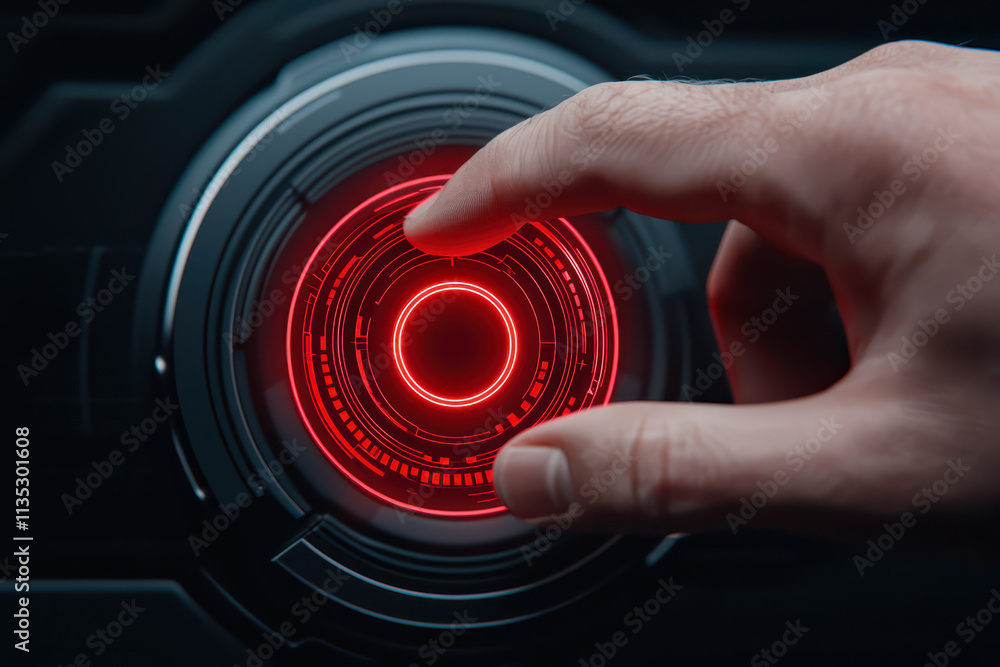 Aufkleber close up of hand interacting with high tech control panel featuring glowing red interface. design ev