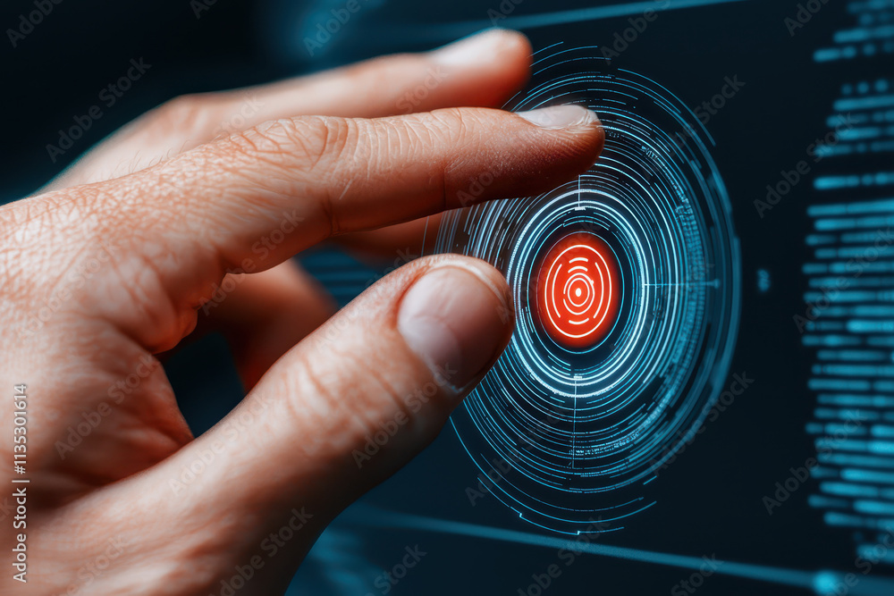 Poster close up of hand interacting with high tech interface, showcasing vibrant red target symbol. image c