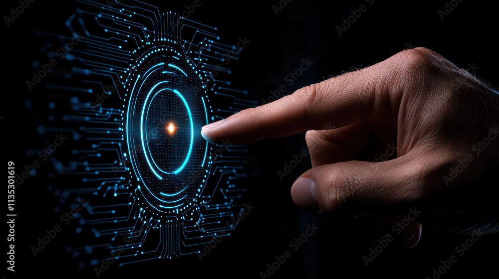 Poster close up of hand interacting with high tech digital interface, showcasing vibrant tones and intricate circuit patterns