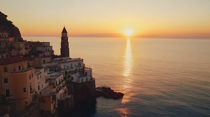 Obraz premium Coastal Town Sunset Golden Hour Italian Architecture