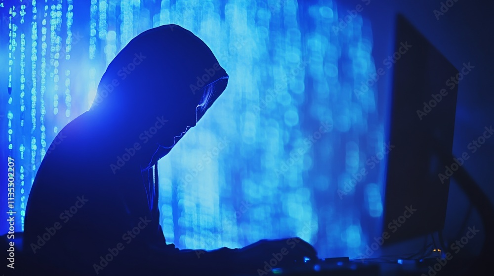 Poster a silhouette of a hooded figure working on a computer, surrounded by blue digital code. this image c