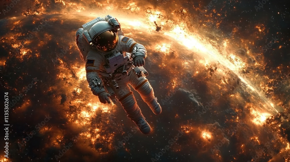Poster an astronaut floats in a cosmic scene filled with vibrant colors and celestial phenomena.