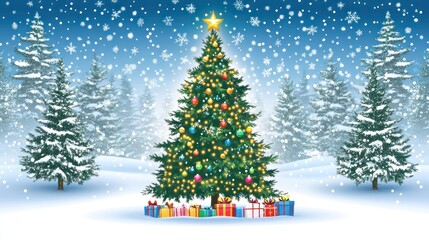 Fototapeta premium Christmas tree with ornaments and gifts in snowy forest.