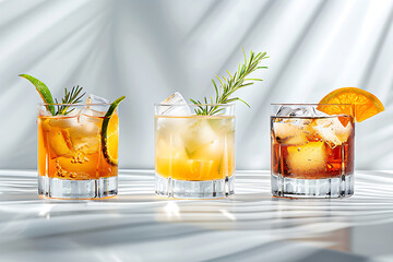 beverage photography, beautiful product photo of three perfectly mixed cocktails glistening on a white surface glasses exude luxury and allure, tempting even the most indulgent connoisseurs