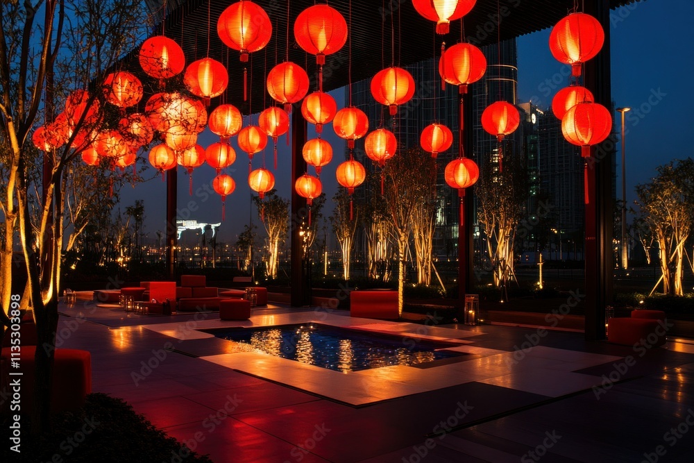 Poster serene evening scene with red lanterns hanging above a calm pool surrounded by lush greenery and mod