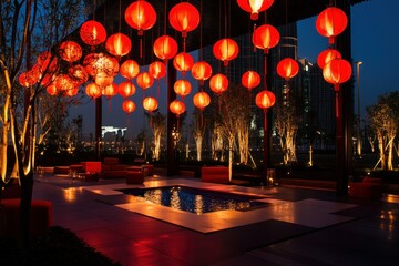 Serene Evening Scene with Red Lanterns Hanging Above a Calm Pool Surrounded by Lush Greenery and Modern Architecture in Urban Setting