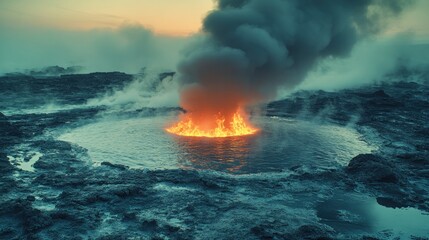 A volcanic eruption with lava and smoke rising from a crater surrounded by rocky terrain.
