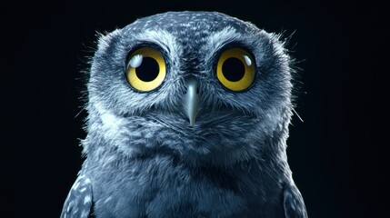 Close-up of a gray owl with large yellow eyes on a dark background.