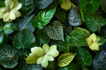 Lush Green Leaves and Delicate Yellow Flowers Creating a Vibrant Natural Background with Varying Textures and Shades of Green for Organic Aesthetic