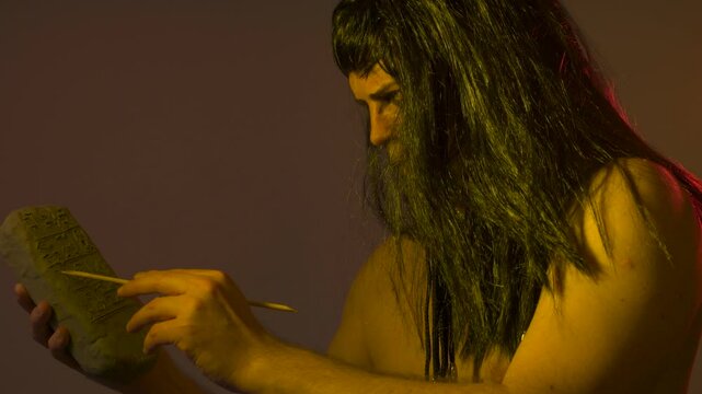 An ancient Egyptian man holds an Egyptian antiquity cuneiform clay tablet in his hands and writes ancient writings