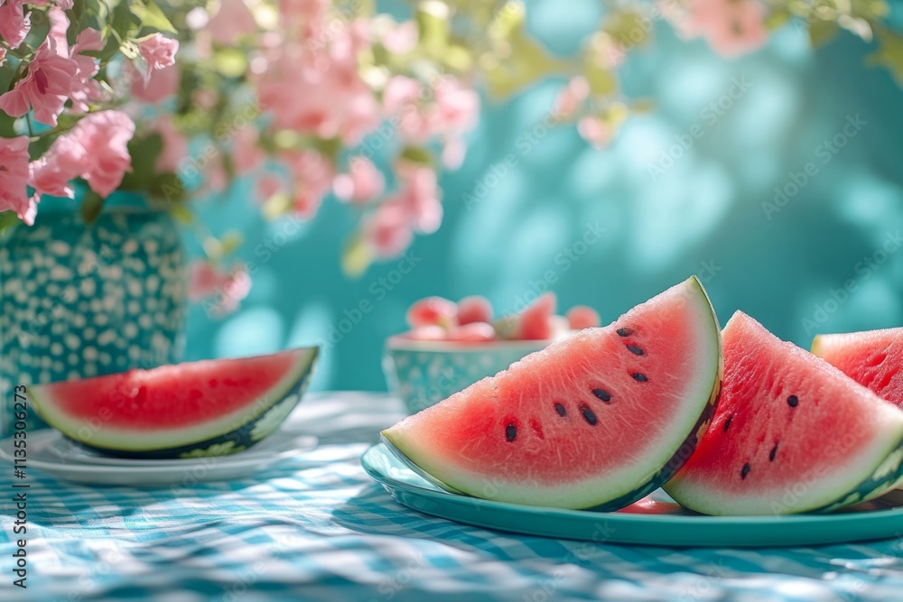 Poster Ripe watermelon slices are served on a table with a checkered tablecloth in a summer garden, creating a refreshing scene