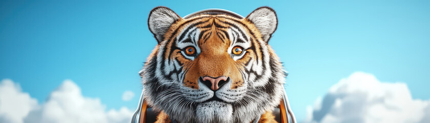 Fototapeta premium close up of tiger with pilot headset against blue sky, showcasing its fierce expression and vibrant colors