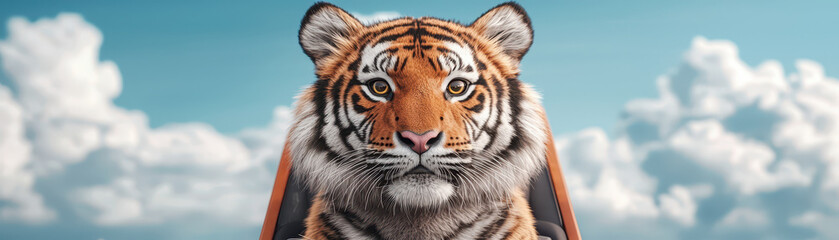 Fototapeta premium close up of tiger with serious expression, sitting in pilot seat against blue sky with clouds