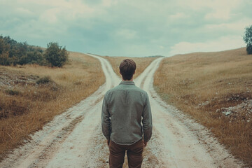 Traveler standing at a fork in the road contemplating the path ahead, making a decision about the future
