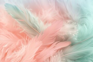 Fototapeta premium A dreamy background of fluffy feathers in pastel pink and mint hues, softly focused to evoke a romantic Valentine's ambiance.