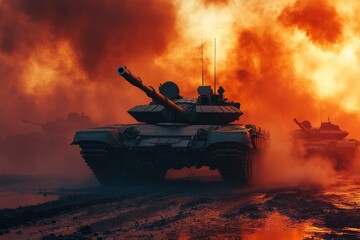 Heavy military tank driving on battlefield with fire and smoke in background during sunset