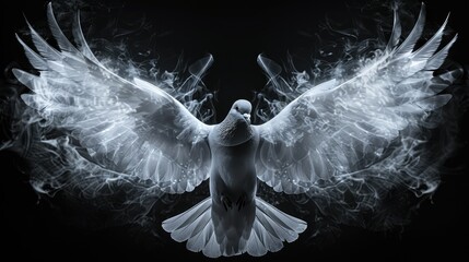 White dove with spread wings and smoke trails.