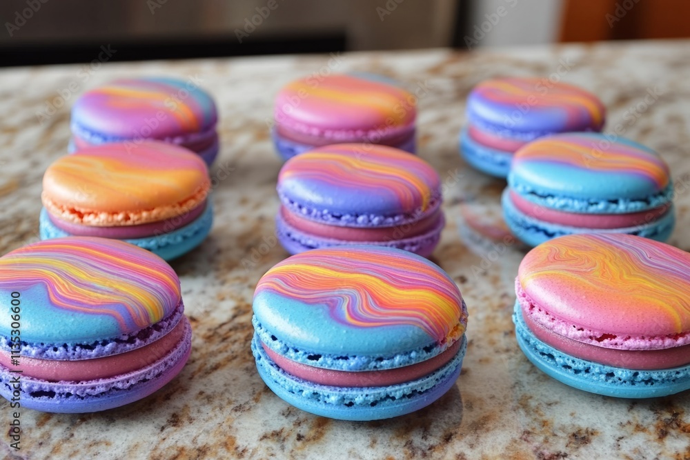 Poster delicious and colorful macarons with rainbow swirls are arranged on a marble countertop, creating a 