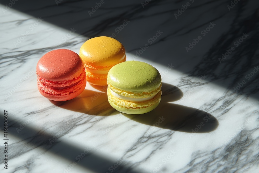 Poster vibrant macarons casting shadows on a marble surface under a beam of sunlight create a visually appe
