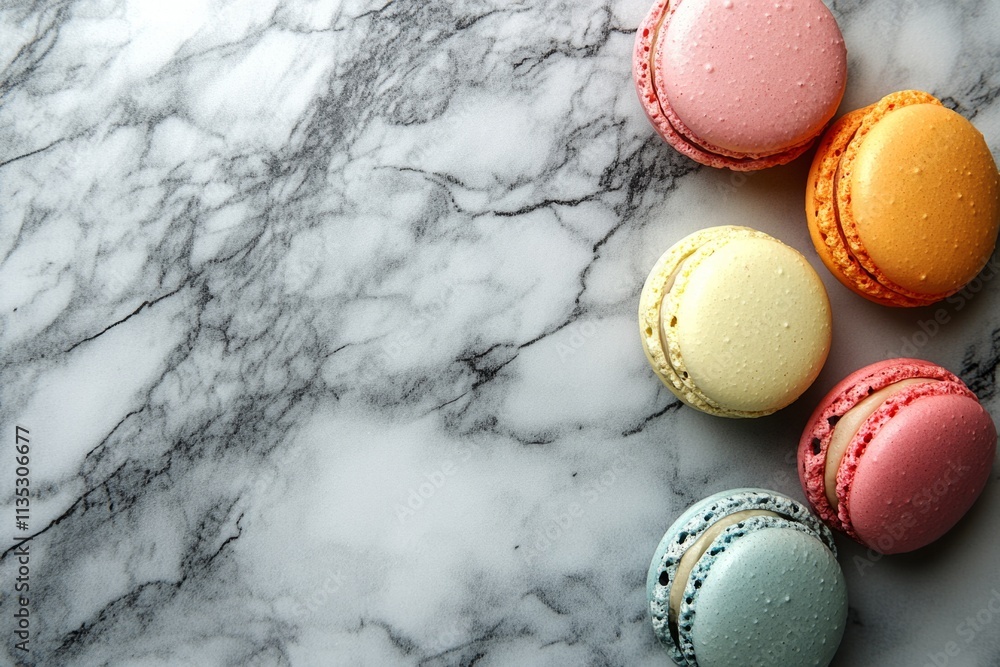 Poster pastel colored macarons creating a frame on a marble table background, leaving copy space