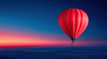 Fototapeta premium vibrant red hot air balloon floats against stunning twilight sky, creating serene and picturesque scene