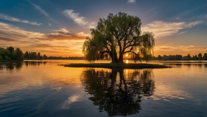 Sunset Willow Tree Lake Reflection Landscape