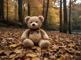 Teddy Bear in Autumn Forest Leaves