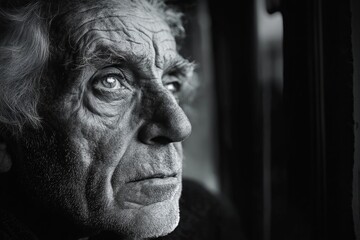 Obraz premium Close-up black and white portrait of a thoughtful senior man gazing through a window, reflecting on his life experiences